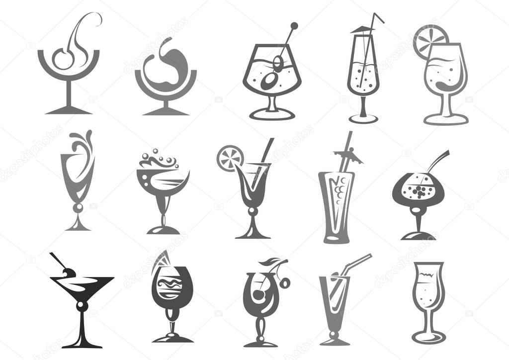 Cocktails and alcohol drinks in glasses vector icons. Isolated symbols of rum, mojito with olive or cherry, iced tea, whiskey and champagne, gin tonic and vodka shot for cocktail party or bar menu