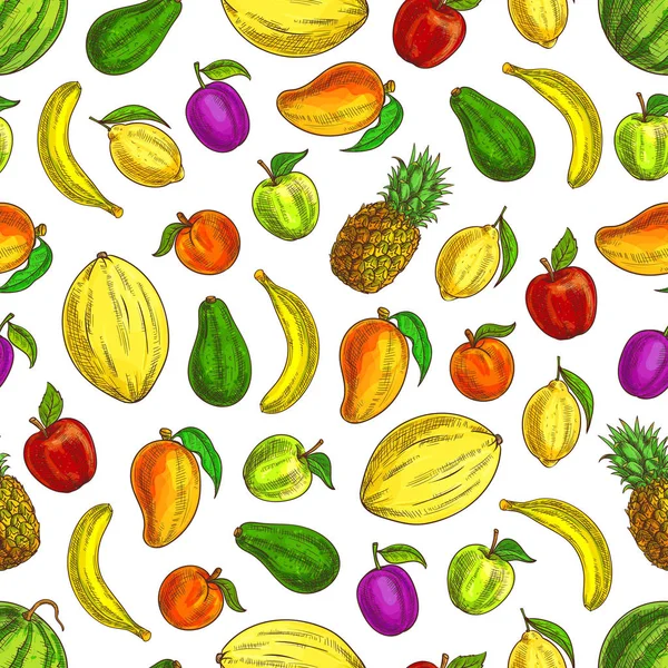 Früchte skizzierte Symbole in nahtlosem Fruchtmuster — Stockvektor