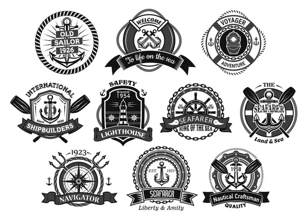 Nautical seafarer, marine sea sailor vector icons — Stock Vector