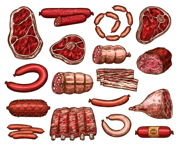 Νωπό κρέας και το λουκάνικο σκίτσο για σχεδιασμό τροφίμων — Διανυσματικό Αρχείο