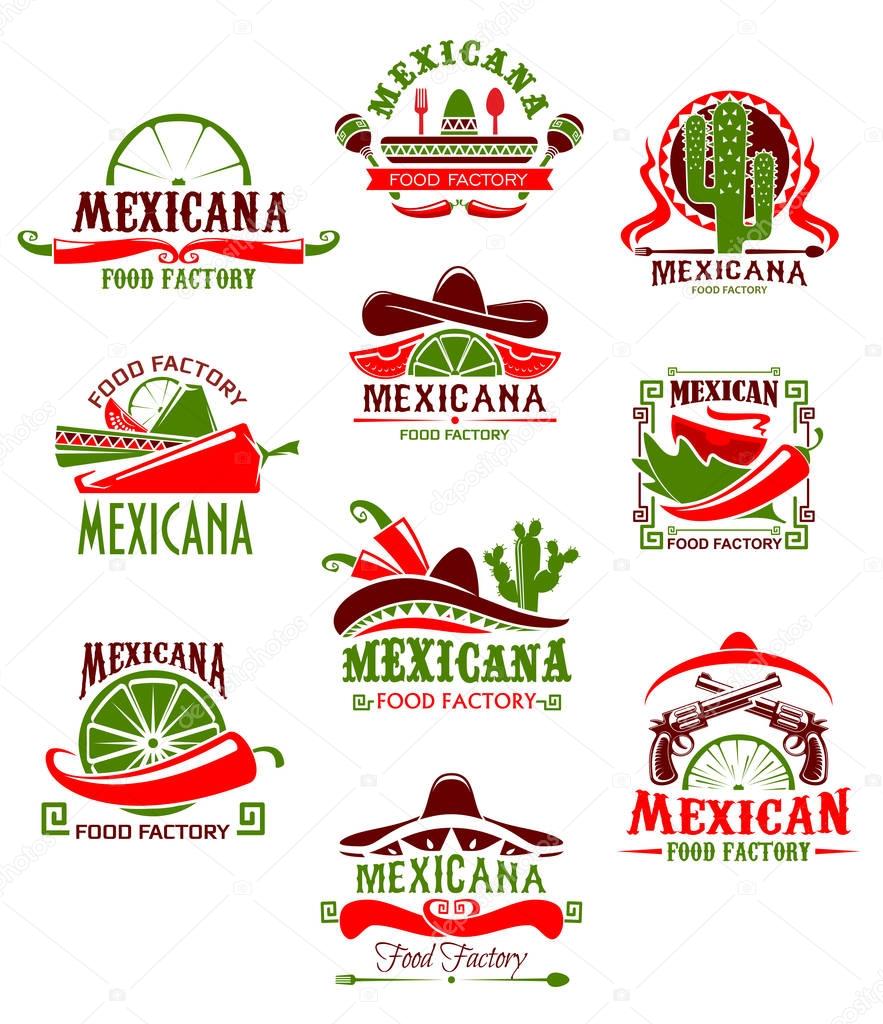 Mexican restaurant sign with pepper and sombrero. Spicy chili salsa and tomato sauce, taco, tequila and lime icon, decorated with cactus and maracas for mexican cuisine menu design
