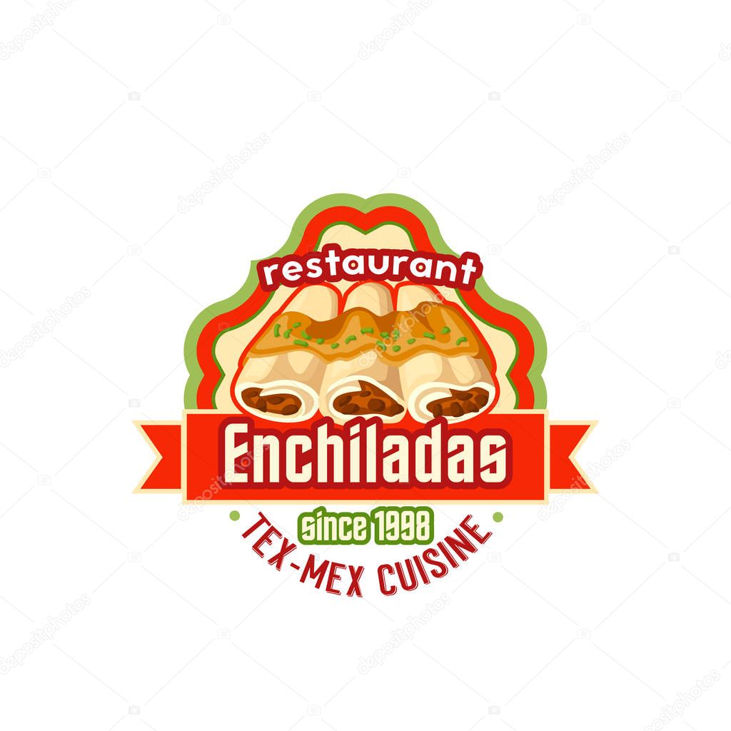 Mexican enchilada or burrito icon for Mexico cuisine fast food restaurant or fastfood bistro menu template. Vector design of Mexican tortilla sandwich snack with chili pepper