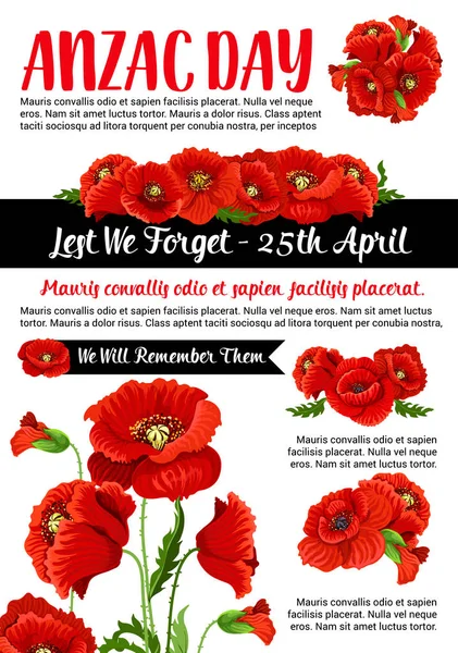 Anzac Day Lest We Forget red poppy vector poster — Stock Vector