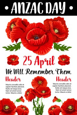 Anzac Day red poppy vector war memorial card clipart