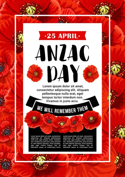 Anzac Day 25 April red poppy vector poster — Stock Vector