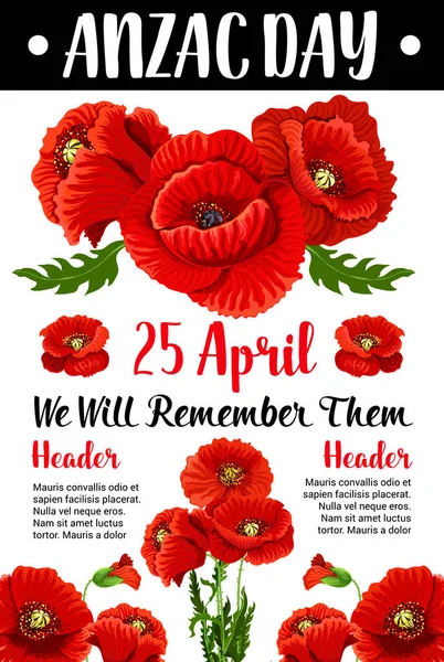 Anzac Day red poppy vector war memorial card — Stock Vector