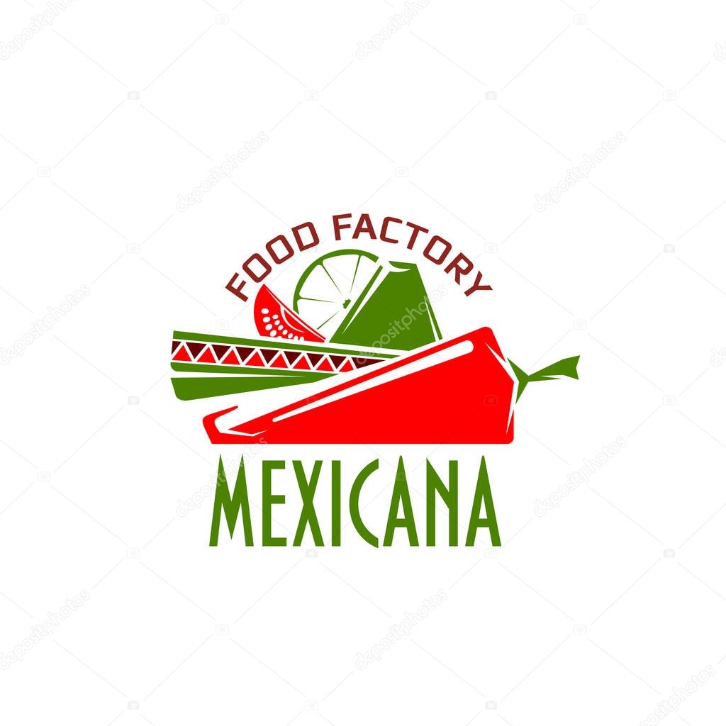 Mexican cuisine icon Mexicana for Mexico restaurant or traditional food cafe and menu design template. Vector isolated symbol of sombrero hat and red chili or jalapeno pepper, line and guava