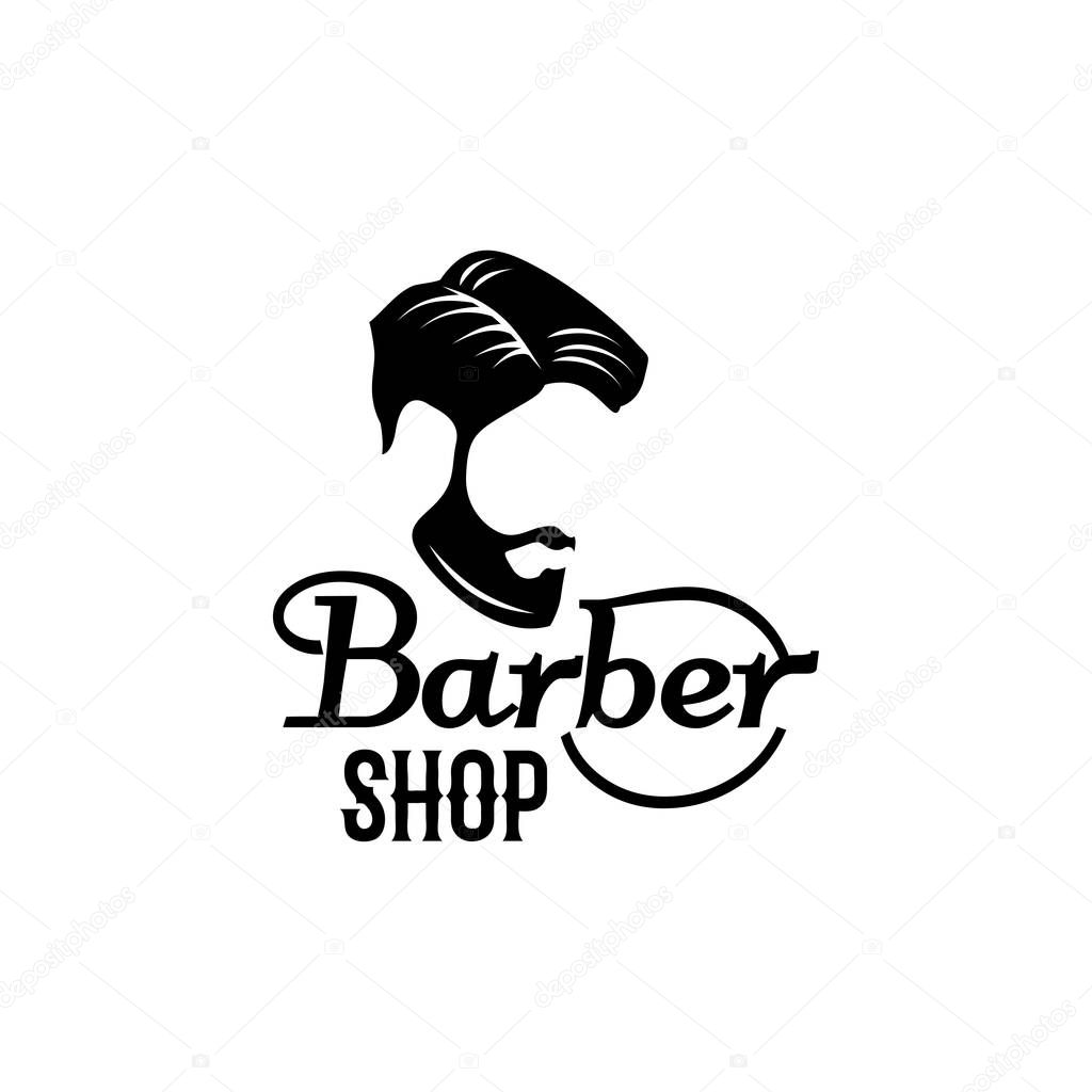 Barber shop icon design template of beard and mustaches and man head haircut black silhouette. Vector isolated symbol of retro barbershop or trendy hipster haircutter salon