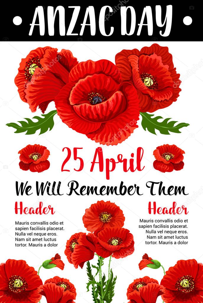 Anzac Day red poppy vector war memorial card