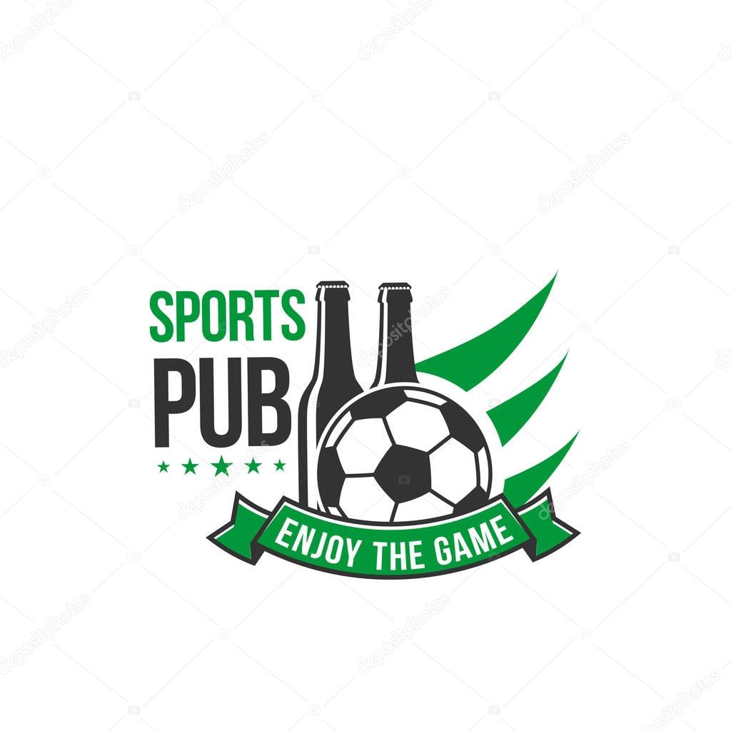 Soccer or football sports pub icon design template of ball and beer bottles. Vector isolated symbol of soccer ball wings and green ribbon banner for football beer bar live championship match