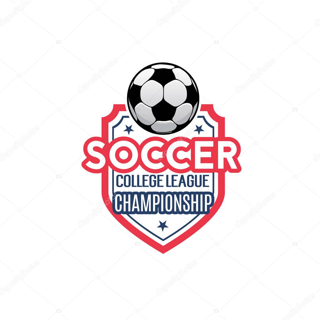Soccer championship icon for football college league match tournament. Vector isolated heraldic badge of soccer ball and victory stars on shield for football club team cup in red and blue
