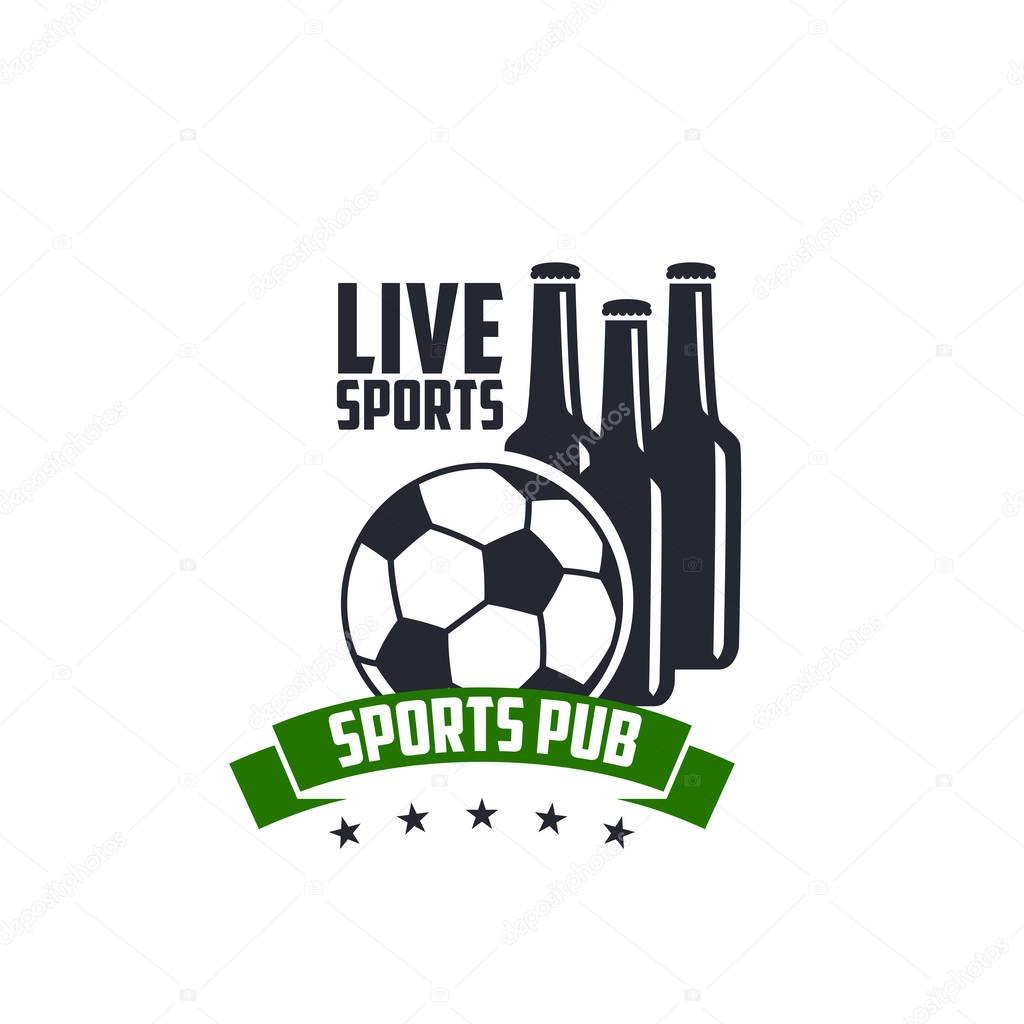 Soccer live sports pub icon template for football game championship or fan club pub. Vector design soccer ball, beer bottles with victory ribbon and stars for football live tournament