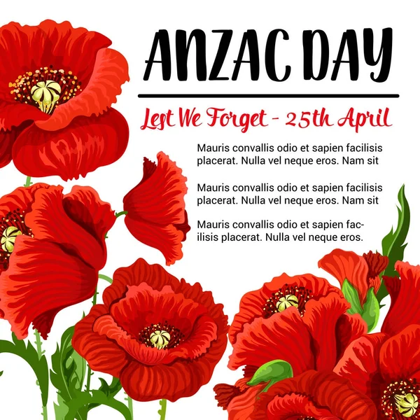 Anzac Day vector remembrance card red poppy design — Stock Vector