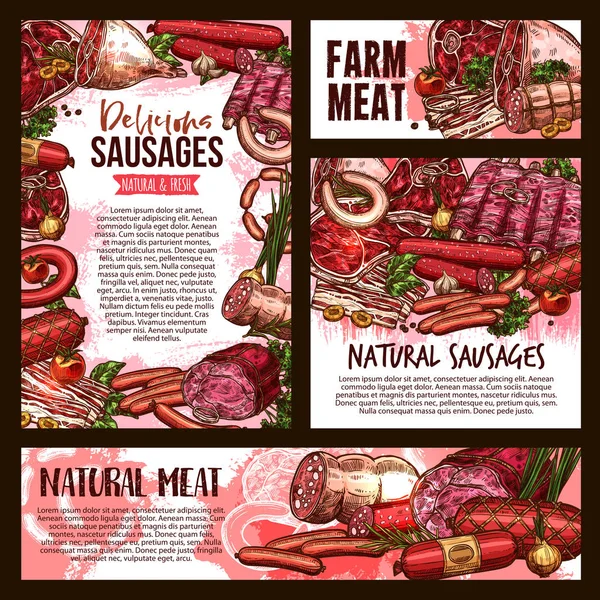 Vector esboço carne fazenda salsichas produto cartazes — Vetor de Stock