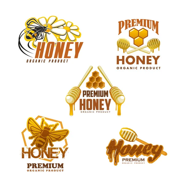 Honey bee premie biologisch product vector iconen — Stockvector