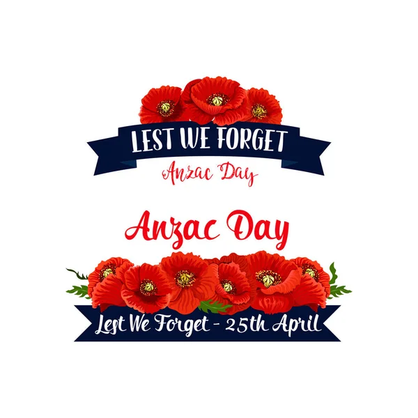 Anzac Day Lest We Forget red poppy vector ribbons — Stock Vector