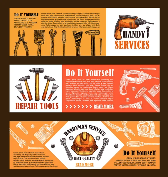 Vektor zu Hause Reparatur Skizze Arbeit Werkzeuge Banner — Stockvektor