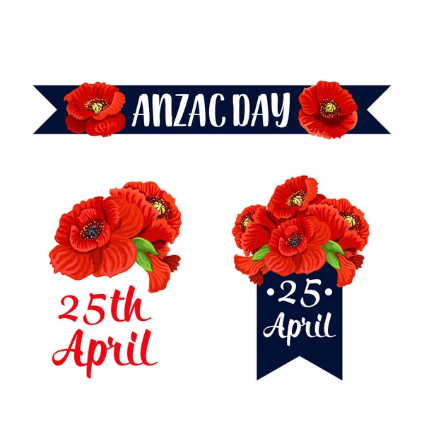 Anzac Day 25 April red poppy vector icons — Stock Vector