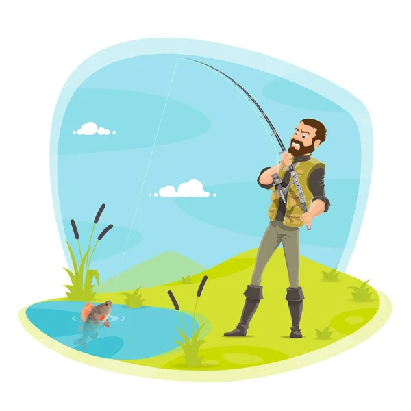 Pesca de pescadores vectores y captura de peces en el lago — Vector de stock