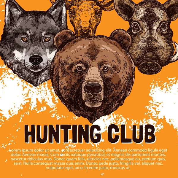 Vector sketch poster of wild animals hunting club — Stock Vector