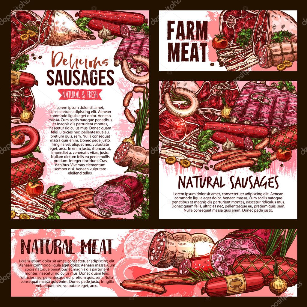 Vector sketch meat farm sausages product posters