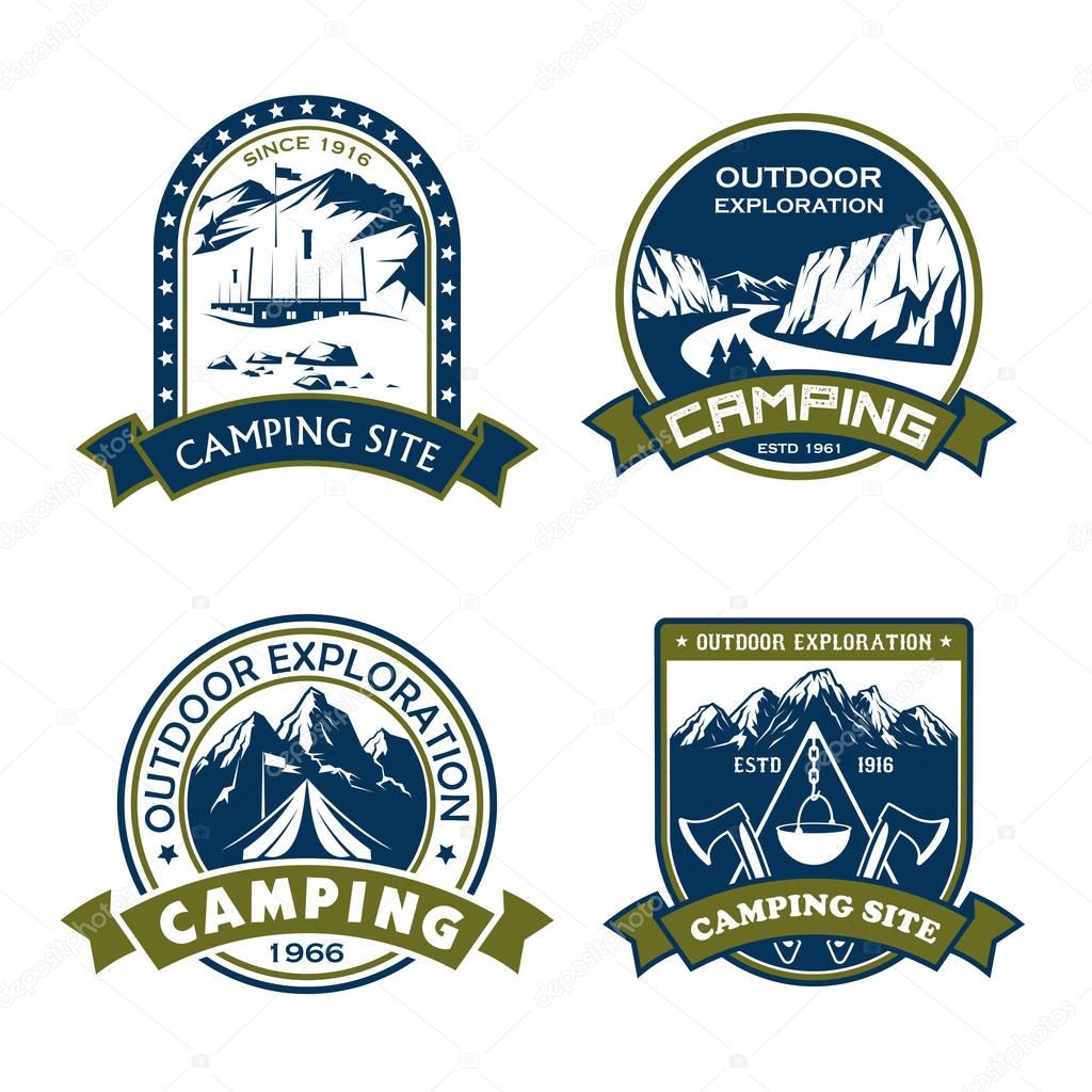 Camping site outdoor adventure icons for mountain hiking sport or extreme nature explorer team club. Vector isolated badges of Alpine mountain rock or mount, camp tent and campfire, star and ribbon