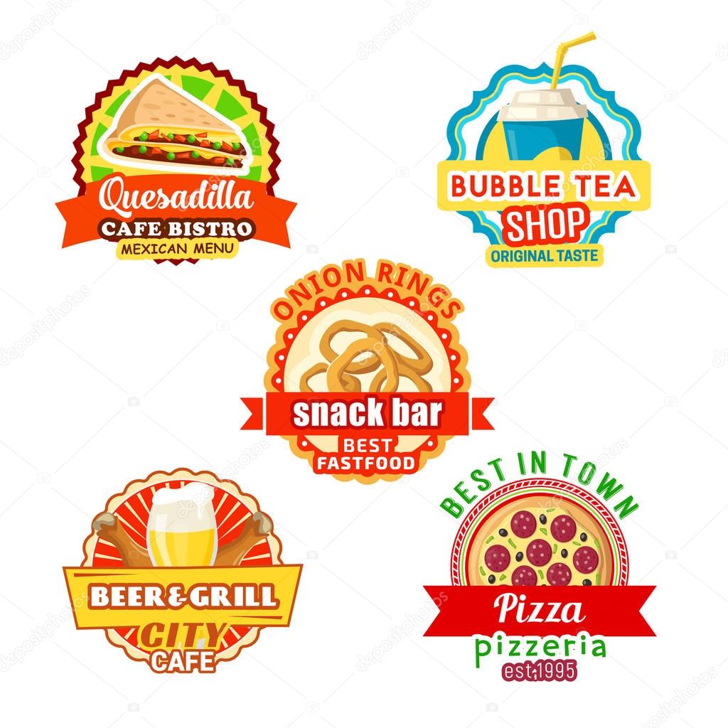 Fast food meals and snacks bar or fastfood bistro cafe icons templates. Vector isolated street food Mexican quesadilla sandwich and onion rings, grill burger and beer oe bubble sweet tea drink