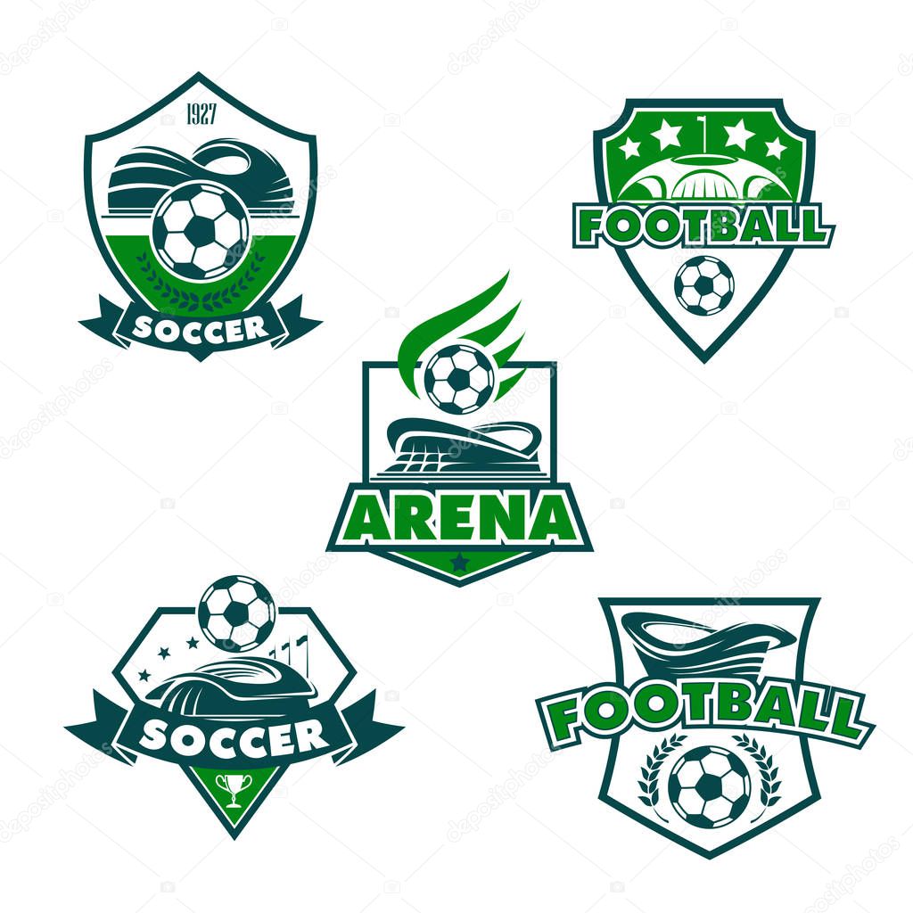 Soccer club or football college league team icons templates. Vector heraldic badge shields of soccer ball, football arena stadium, winner cup or stars and laurel victory wreath for game championship