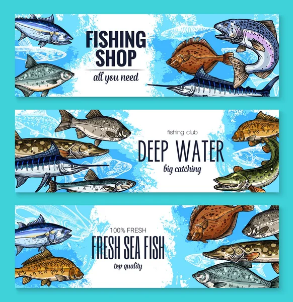 Vector sketch banners of fish for fishing shop — Stock Vector