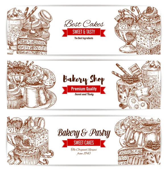 Cakes sketch banner for bakery and pastry design — Stock Vector