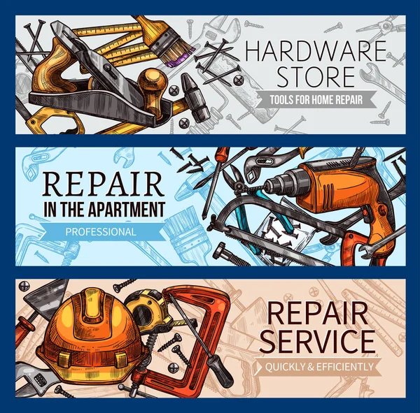 Vector herramientas de trabajo hogar reparación boceto pancartas — Vector de stock