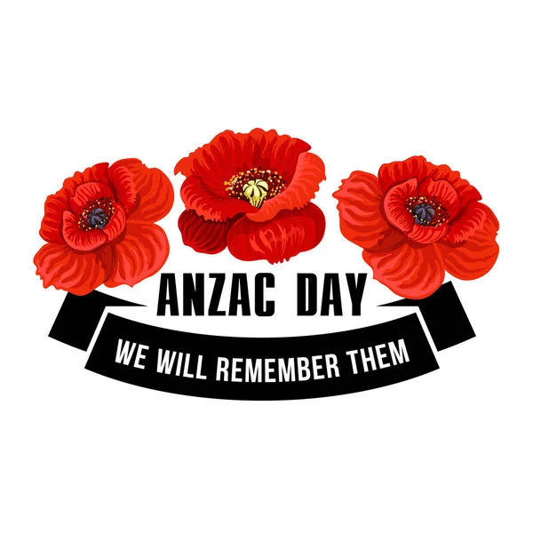Anzac Day icon of poppy flower with black ribbon — Stock Vector