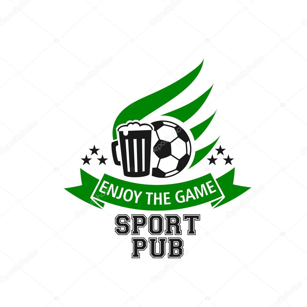 Soccer live sport bar or football game pub icon of ball wings and beer pint mug with ribbon and champion stars. Vector isolated design template of green football ball and beer glass for championship