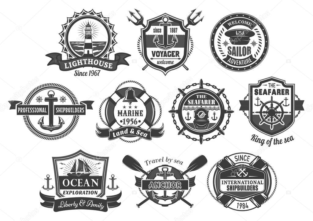 Nautical seafarer badges and marine heraldic icons. Vector ship anchor, captain helm and lighthouse, crossed paddles or trident and ocean frigate, lifebuoy and sailor compass with stars and ribbons