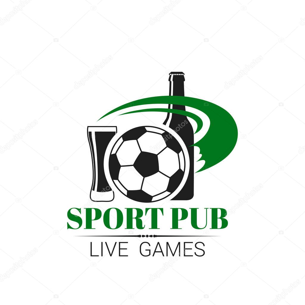 Soccer sports pub icon for live championship fan club or menu. Vector isolated symbol of football ball, beer bottle and draught beer glass pint for soccer league team fans or cup match tournament