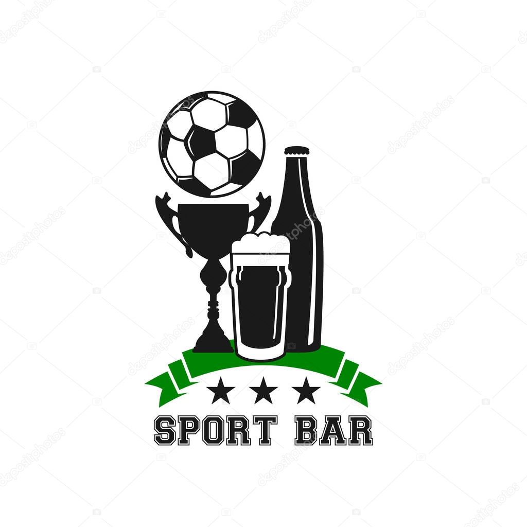 Soccer sport bar or football fan club live sports pub icon template of beer bottle, ball and championship winner cup. Vector isolated draught beer pint glass, victory ribbon and tournament stars