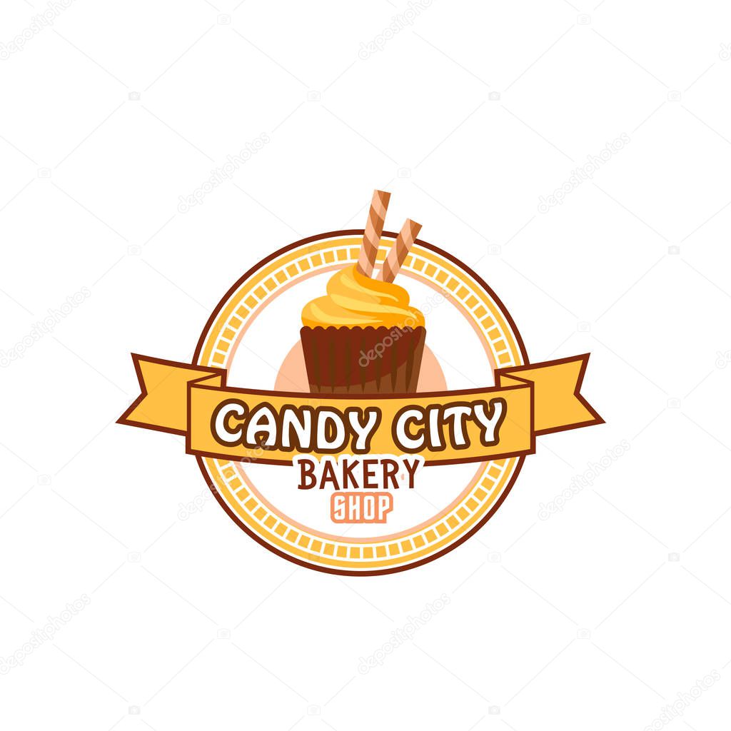 Candy shop or pastry patisserie icon of chocolate cupcake with caramel sticks for cafeteria or cafe menu. Vector design template of sweet cake dessert or pudding torte and biscuit pie for candyshop