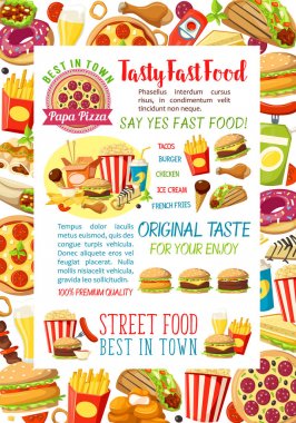 Fast food hamburger yemek hem de atıştırmalık vektör poster