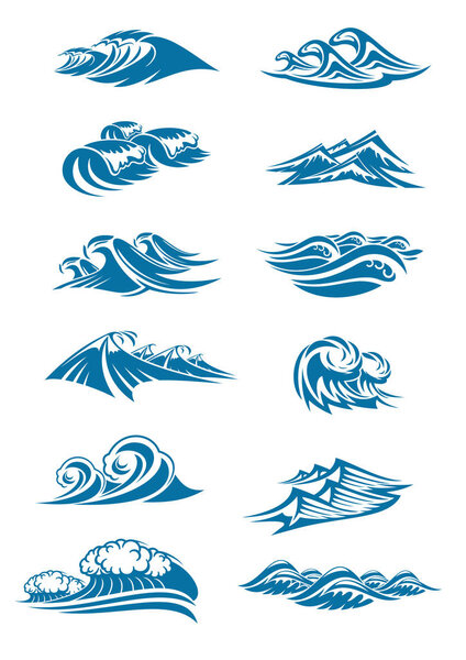 Vector waves icons of ocen water wave blue splash — Stock Vector