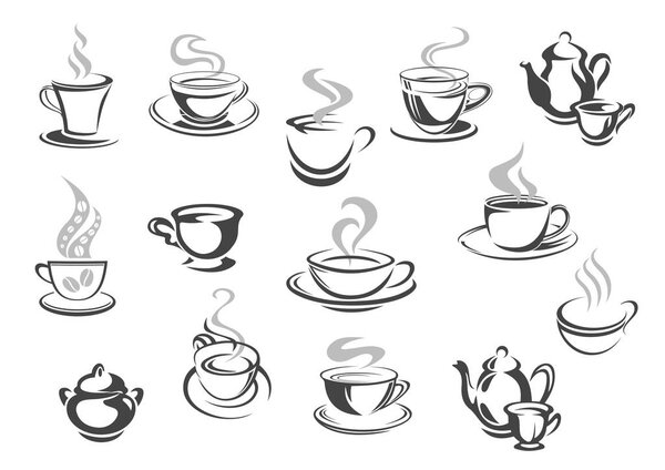 Cafe cafeteria coffee mugs, tea cups vector icons