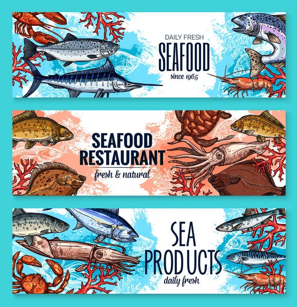 Vector banderas de mariscos de bosquejo pescado fresco — Archivo Imágenes Vectoriales