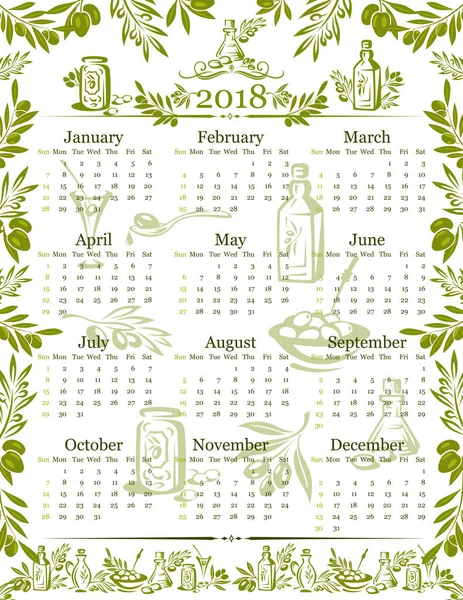 Vetor azeitonas calendário de azeite 2018 design — Vetor de Stock