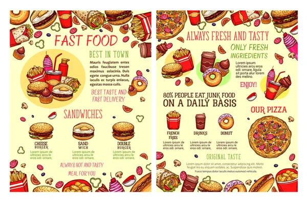 Vector gata mat fastfood snacks skiss menyn — Stock vektor