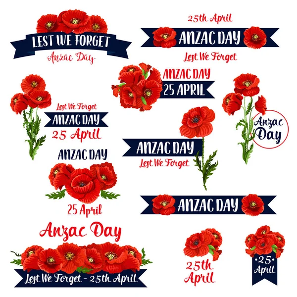 Anzac Day Lest We Forget red poppy vector icons — Stock Vector
