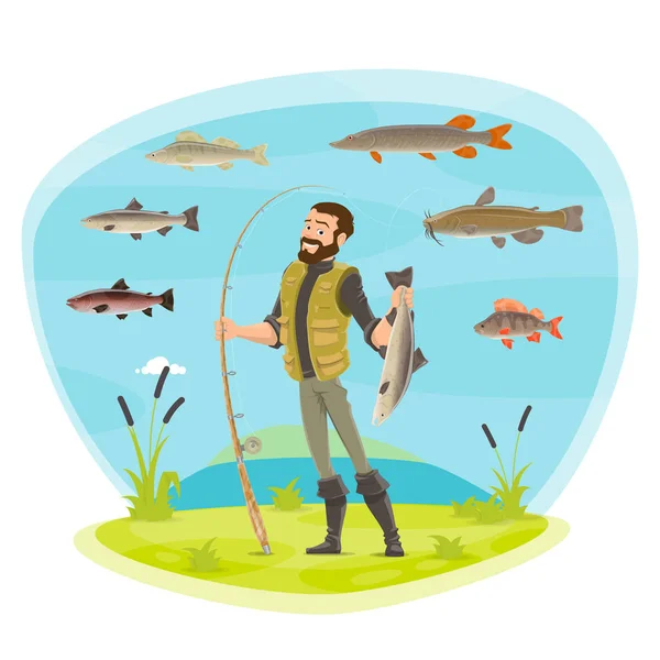 Vector pescador hombre pesca y captura de peces — Archivo Imágenes Vectoriales