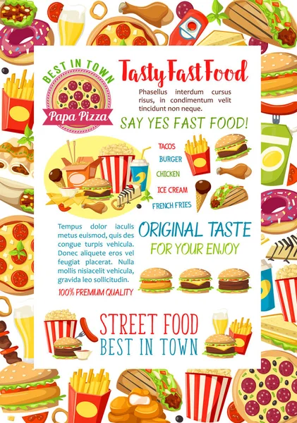 Comida rápida hamburguesas comidas y aperitivos vector cartel — Vector de stock
