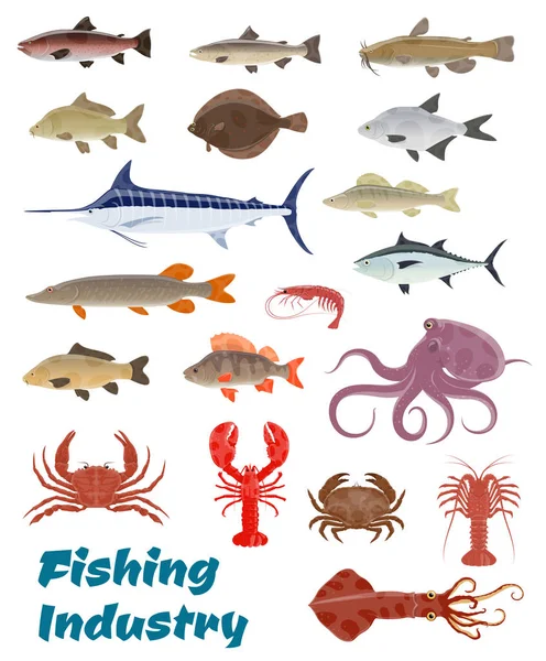 Icone di cattura del pesce fresco vettoriale per l'industria della pesca — Vettoriale Stock