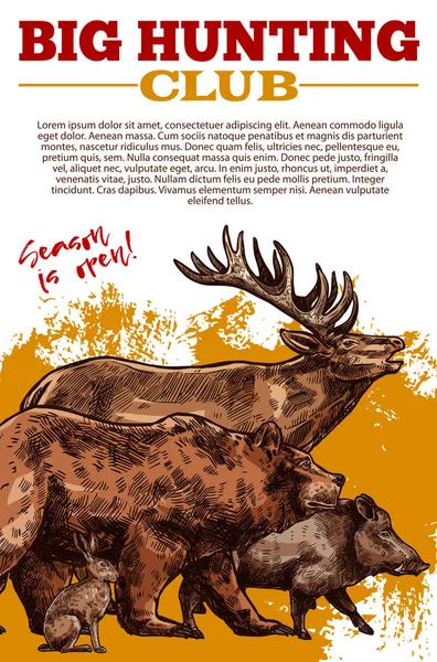 Cartel del bosquejo vectorial de animales salvajes del club de caza — Archivo Imágenes Vectoriales