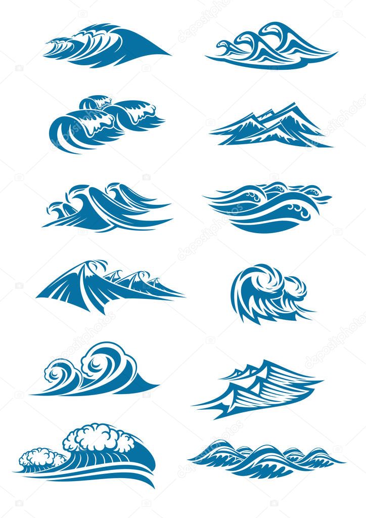 Vector waves icons of ocen water wave blue splash