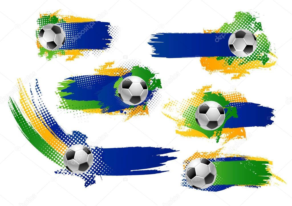 Soccer game banners or football backgrounds design template for football cup championship. Vector set of soccer ball and green or blue., yellow color for football championship league team icons